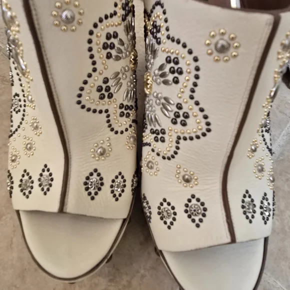 Roberto Cavalli Cream Embellished Beaded Women's Clog Mule Peep Toe Heels - Picture 7 of 8